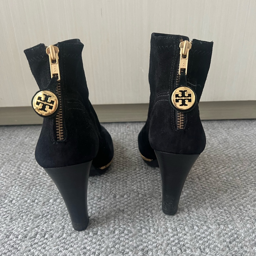 Tory Burch Black Heeled Boots with Gold Zipper